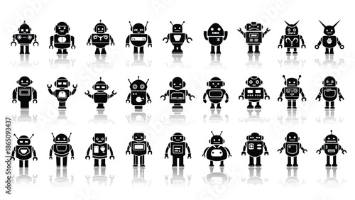 A collection of various robot icons in black and white digitally illustrated
