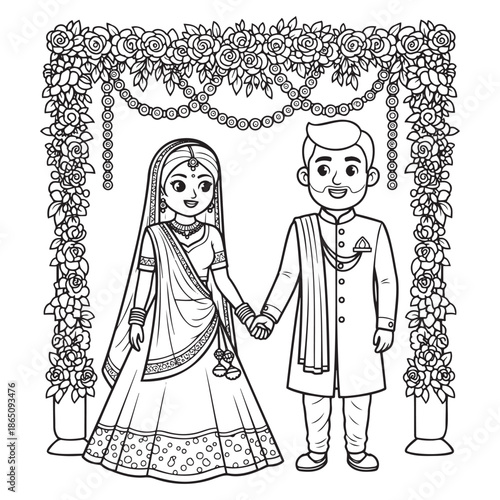 Black and white line art coloring page of Indian wedding couple under floral arch — ideal for cultural education, children’s activity and festive celebration content.