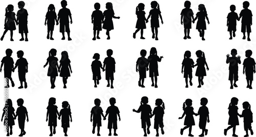 Children walking silhouettes set of boys and girls holding hands together, black kid figures for friendship and childhood concepts
