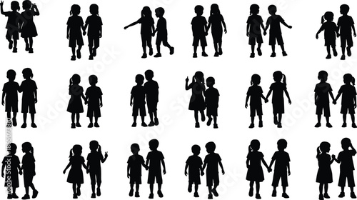 Children silhouettes set holding hands and walking together, black kids figures collection for friendship, childhood bonding and play concepts