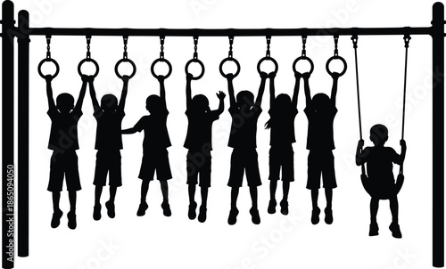 Children playing silhouettes on playground equipment with rings and swing, active kids outdoor activity vector illustration set