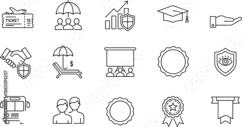 Business insurance and finance outline icon set featuring protection, investment growth, education, trust and reward symbols, clean line vector illustration