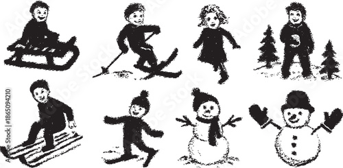Kids engage in winter activities in a black and white style. This vector illustration features sledding, skiing, and a snowman in a playful set.