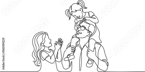 Continuous one line drawing of happy father carrying young daughter on shoulders while other daughter claps in minimalist family style