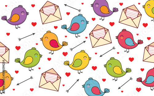Cute Valentine Vector Seamless Pattern with Colorful Birds, Love Envelopes, Hearts, and Arrows