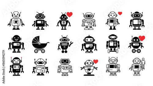Collection of various black robot icons including robots and a baby carriage