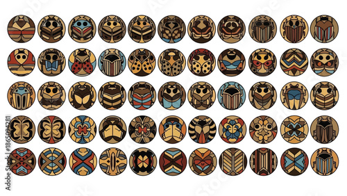 A colorful collection of varied beetle shell patterns displayed in a grid arrangement