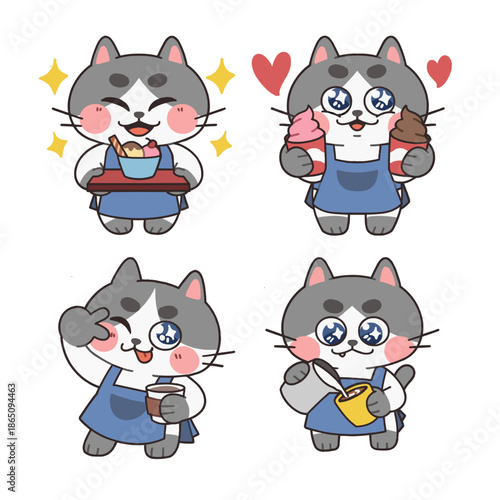 Cute Cafe Cat Serving Ice Cream Desserts and Drinks Character Illustration Set