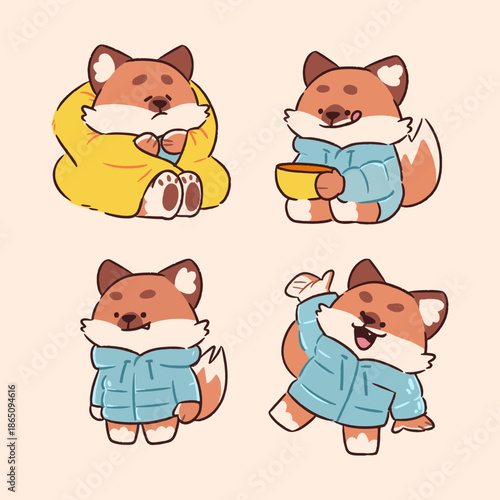 Cute Cozy Fox in Winter Outfit with Beanbag and Tea Bowl Sticker Set