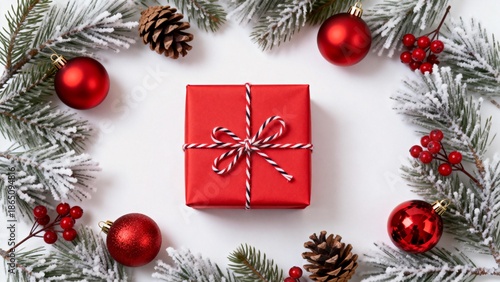 Red gift box with Christmas decorations