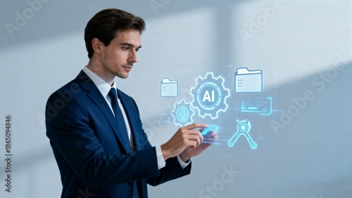 Man in suit interacting with AI icons
