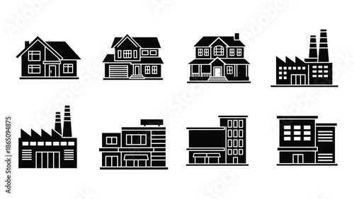 home factory mall building set icon silhouette vector symbol