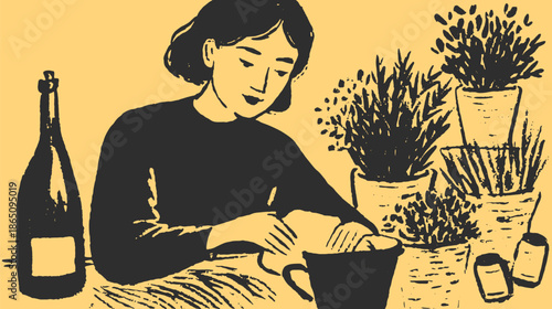 Woman reading a book beside potted plants. Simple black illustration on a yellow background. Home lifestyle vector illustration.