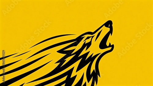 Black wolf howling on yellow background
