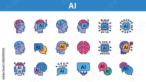 Artificial intelligence concepts illustrated with colorful brain icons and related symbols