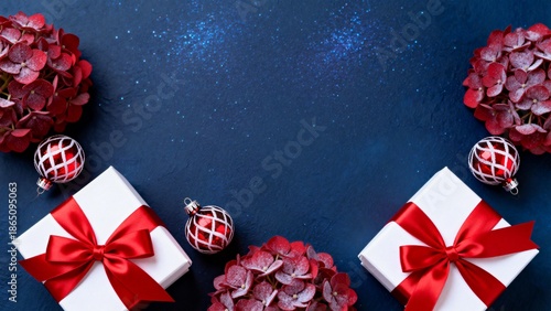 Christmas gift boxes with red flowers and ornaments