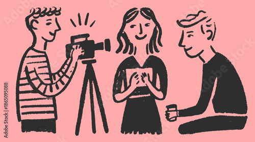 Cameraman recording a woman with a tablet and a group of men. Simple vector illustration depicting a photography set.