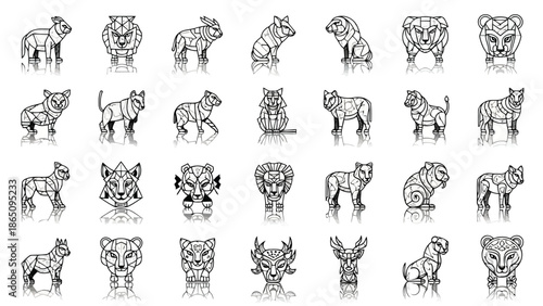 Collection of stylized feline and canine animal head illustrations in black and white