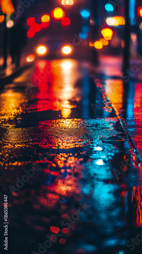 Colorful light reflections on wet asphalt at night