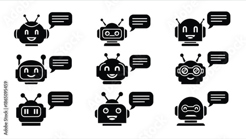 Black and white illustration of various robots communicating with speech bubbles