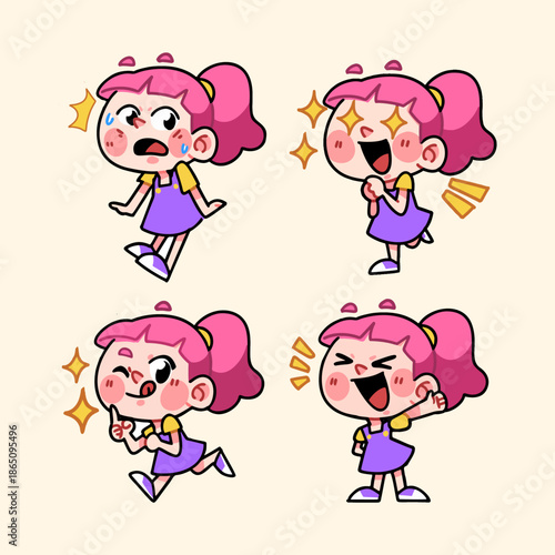 Cute Pink Hair Chibi Girl with Various Poses and Expressions Stickers Illustrations Collection