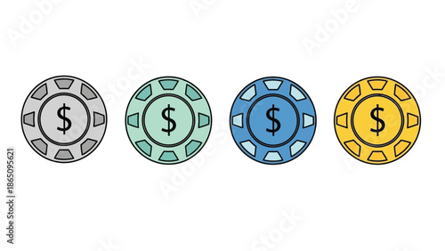 Four colorful casino chips with dollar signs displayed in a row