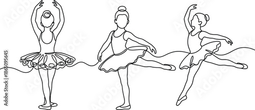 Continuous one line drawing of three young ballerinas dancing in tutus minimalist elegant black and white vector style for ballet