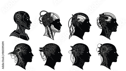 Detailed illustrations of cyborg heads in multiple profile views showcasing inner mechanisms