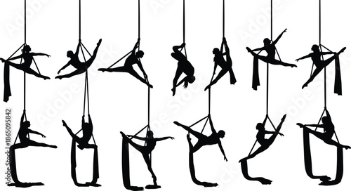 Beautiful Silhouette Collection of Professional Aerial Silks Performers Executing Elegant Acrobatics Gymnastics and Artistic Circus Dance Poses on White Background