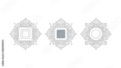 Three circuit board designs with varying central shapes in a linear arrangement