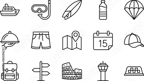Set of summer travel line icons including yacht, snorkeling gear, surfboard, parachute, hotel service, map, backpack, landmarks, taxi and vacation equipment