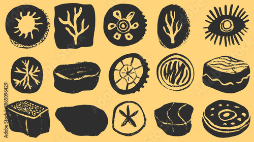 Textured vector illustration featuring various geometric shapes and natural elements. The design includes black and yellow colors in an abstract style.