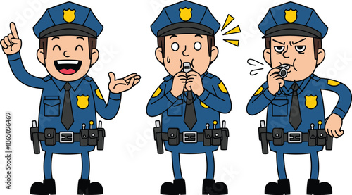 Cartoon Police Officer Character Set Showing Different Expressions Like Smiling and Blowing a Whistle for Law Enforcement and Safety Education