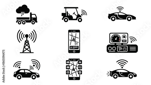 Black silhouette icons depicting connected vehicles mobile devices and wireless technology