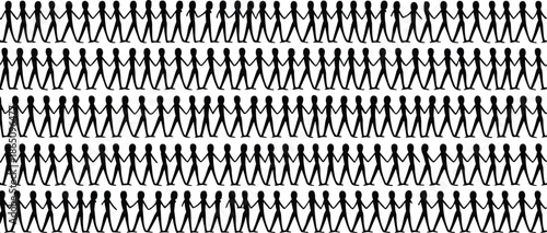 Black and white line of people holding hands in rows forming a pattern line people 1