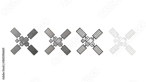 Five depictions of a space station with large solar panel arrays