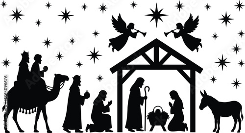 Christmas nativity silhouette scene with holy family, angels blowing trumpets, wise men and Bethlehem starry night, biblical holiday illustration