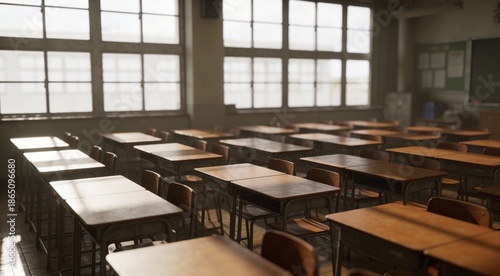  empty school classroom with desks, windows and chairs