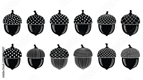 A collection of detailed black and white acorn illustrations arranged in rows
