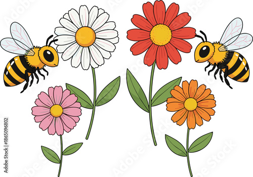 Colorful Cartoon Illustration of Honey Bees Flying Around Spring Flowers Including Daisies and Zinnias for Nature Education and Gardening Projects
