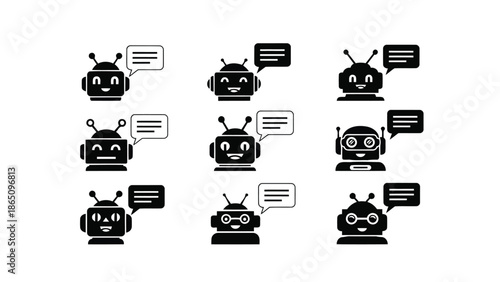 Charming robotic icons with speech bubbles in a symmetrical arrangement