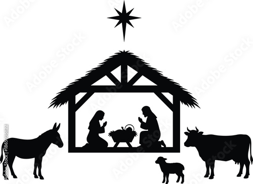 Christmas nativity silhouette scene with holy family, baby Jesus in manger, stable animals and Bethlehem star, traditional religious illustration