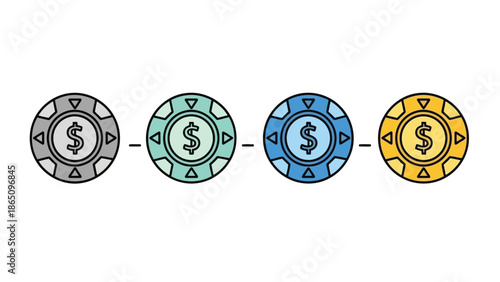 Four colorful casino chips with dollar signs in a row illustration