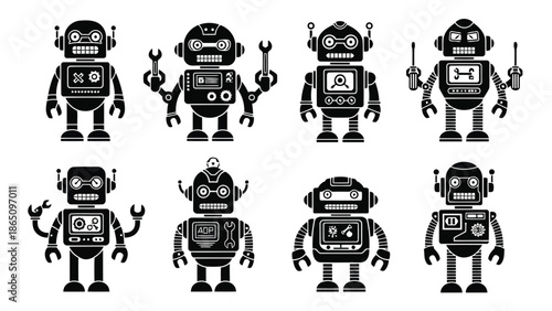 A collection of monochrome robots in various designs and poses