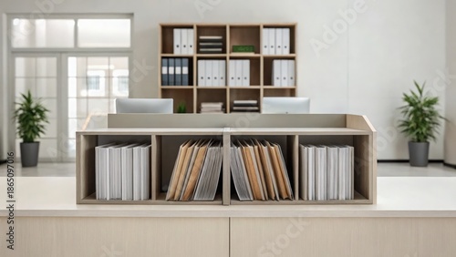 Tax Service Modern office reception area with organized documents and greenery.