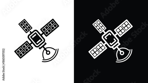 Detailed illustration of a satellite with solar panels in black and white