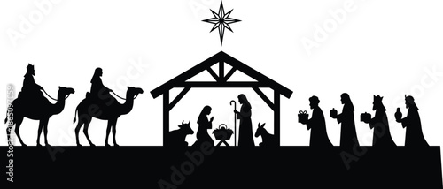 Christmas nativity silhouette scene with holy family, wise men offering gifts, shepherds and animals beneath Bethlehem star night