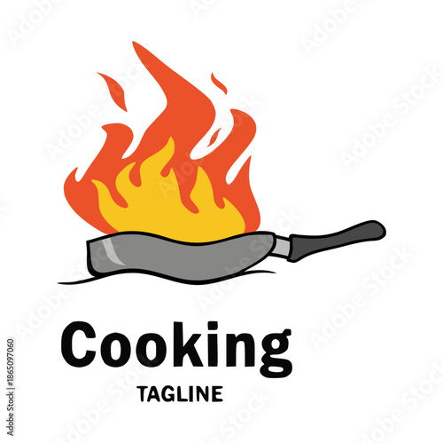 Vibrant Cooking Logo with Flaming Frying Pan Icon for Culinary Business Branding, Food Preparation Illustration, Kitchen Emblem Design