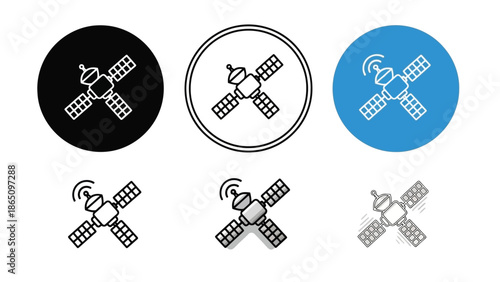 Satellite icon set in various styles black outline and blue variations