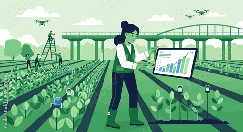 Woman Analyzing Data on Tablet in Modern Agriculture Field.